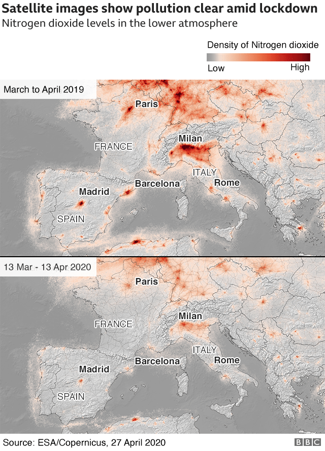 코로나로 인해 경제가 멈춰서면서 유럽 대기오염이 좋아진걸 보여주는 비포, 애프터 위성사진